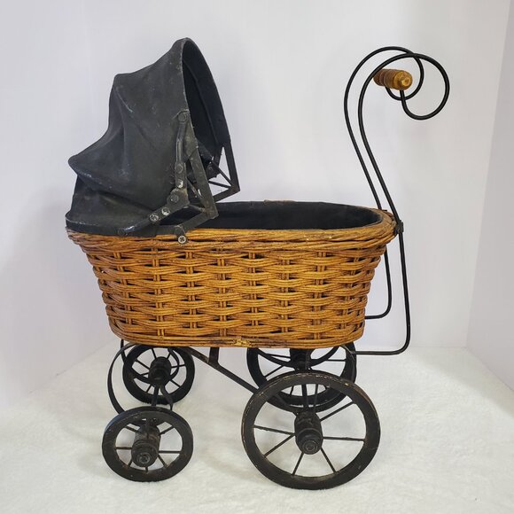 Antique Vintage Victorian Wicker Metal Stroller Doll Carriage Buggy - Picture 2 of 14